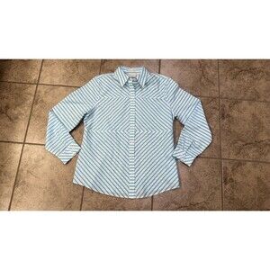 Chico's blue and white striped long-sleeve button-down shirt blouse